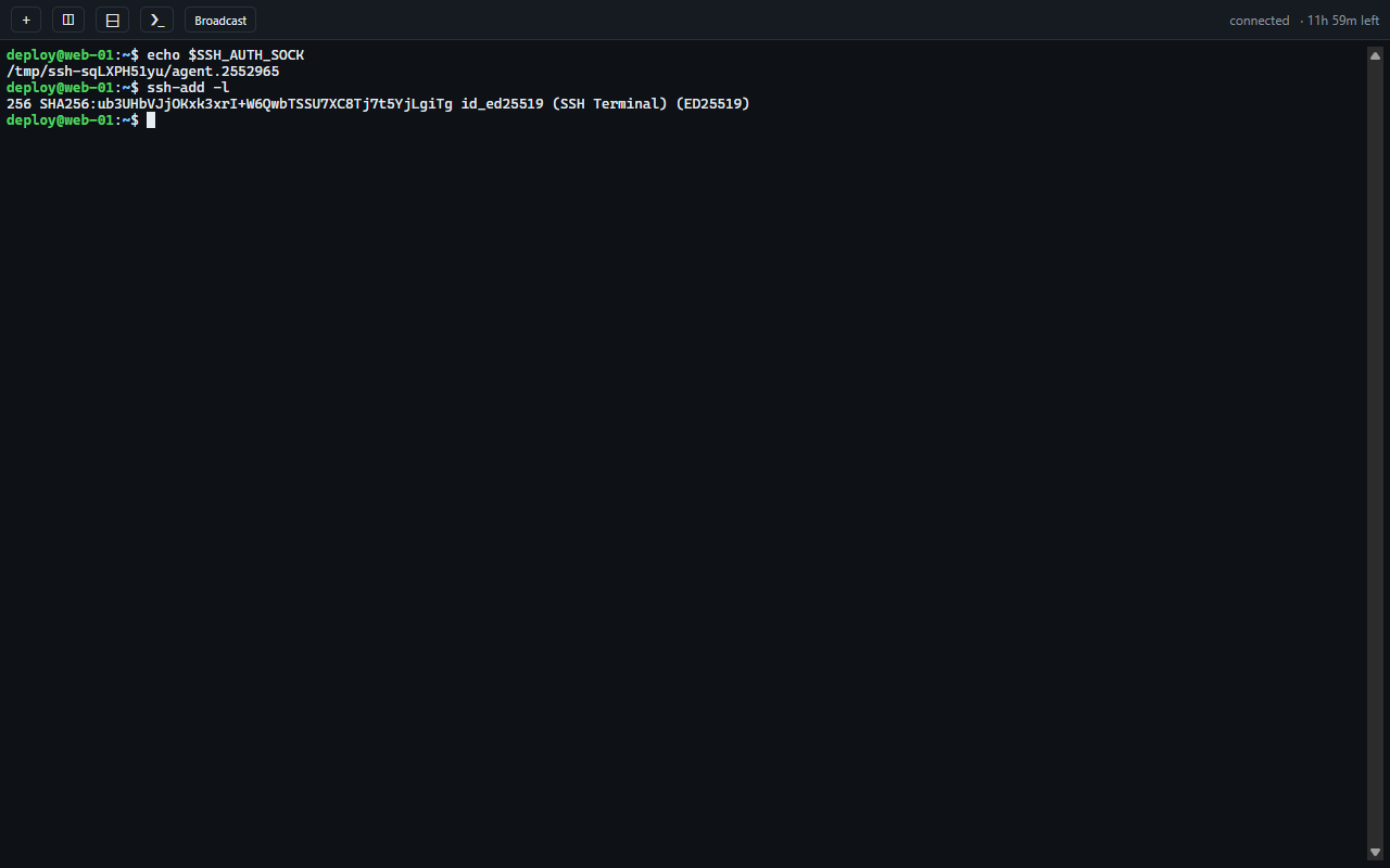 A forwarded agent listing the available identities on the server