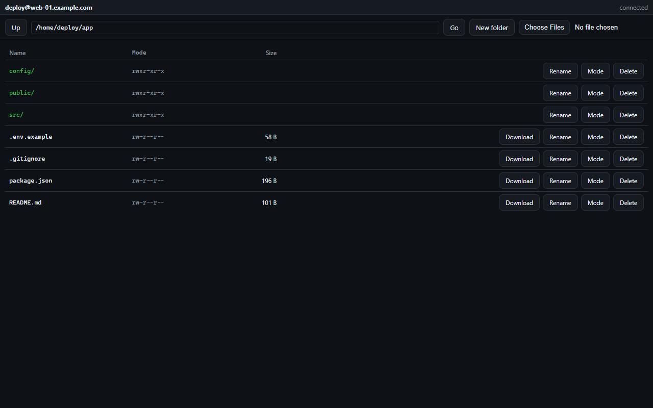 The file browser listing a remote directory over SFTP