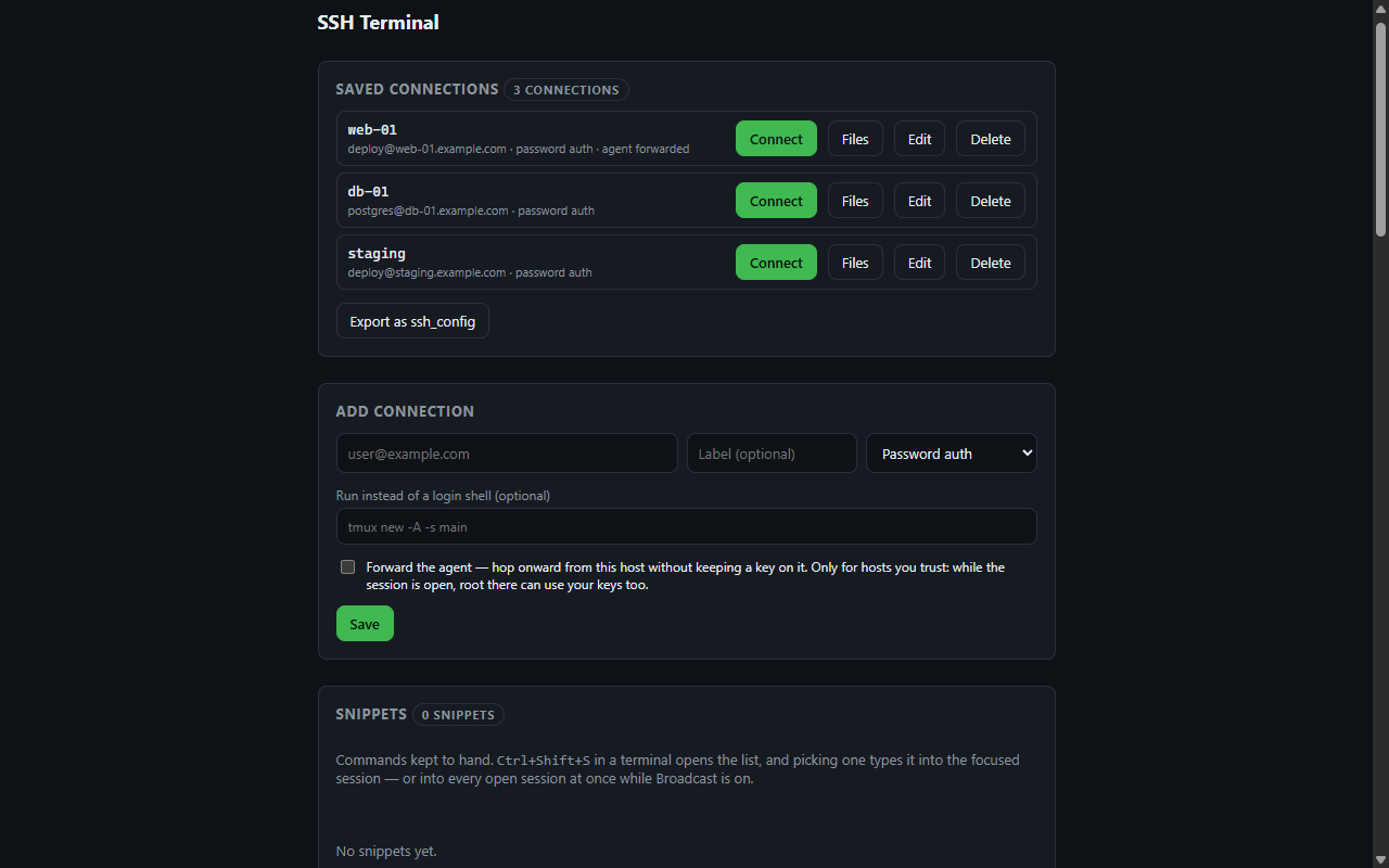 The connection manager with hosts imported from an ssh_config