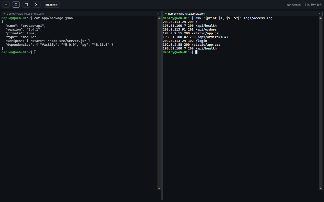 Two sessions side by side in split panes